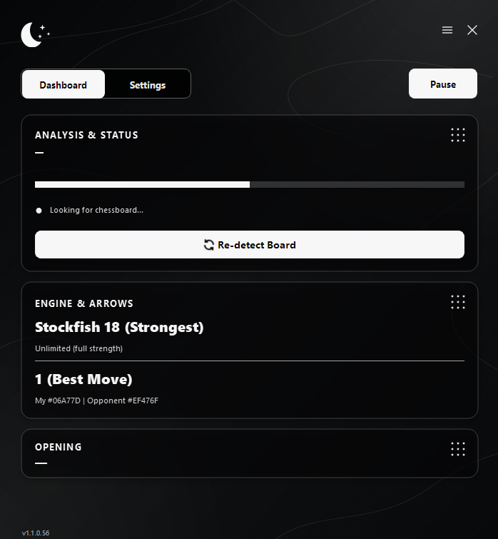 LunaChess dashboard showing board detection status and Stockfish engine settings