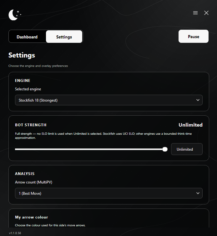 LunaChess settings screen with engine, strength, and MultiPV controls